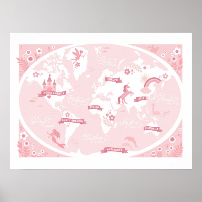 Mapa del Mundo Rosa Encantado - Arte Infantil (Frente)