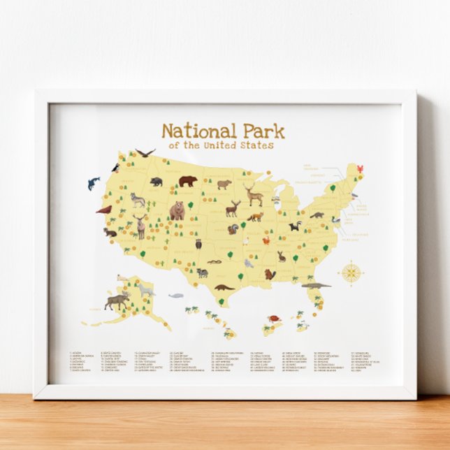 Mapa del Parque Nacional Amarillo Impresión de gua (Yellow National Park Map Woodland Nursery Print)