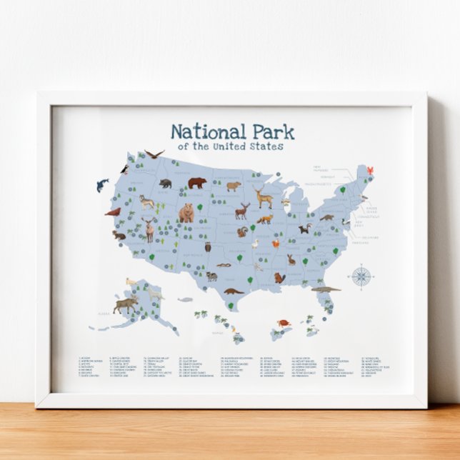 Mapa del Parque Nacional Azul Impresión de guarder (Blue National Park Map Woodland Nursery Print)