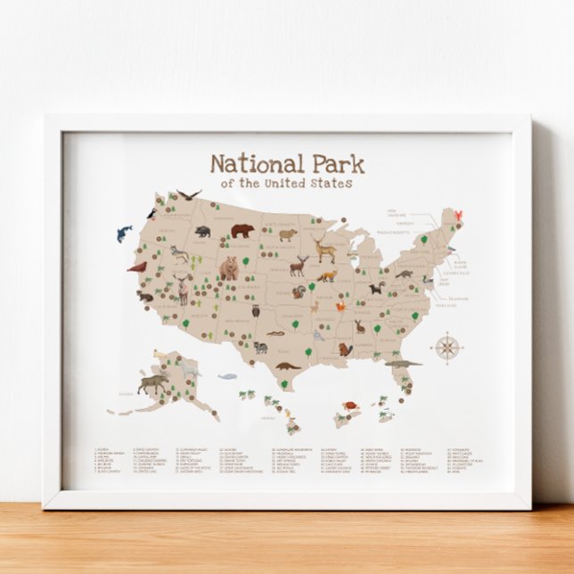 Mapa del parque nacional Impresión de utensilios p (National Park Map Woodland Animal Nursery Print)