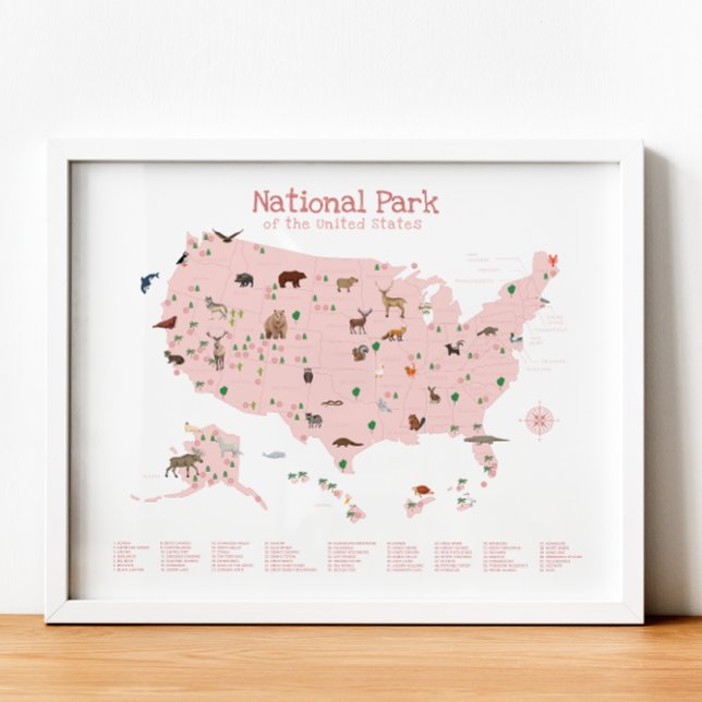 Mapa del parque nacional rosado Impresión de guard (Pink National Park Map Woodland Nursery Print)