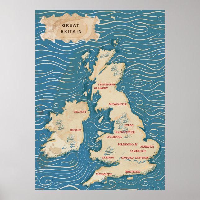 Mapa del Reino Unido Póster Vintage (Frente)