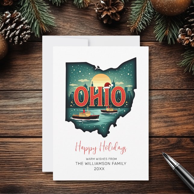 Mapa festivo de Ohio Tarjeta de vacaciones plana d (Personalize with your Family Name and the Year.  Matching items available)