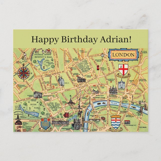 Mapa Ilustrado de Londres Tarjeta de Cumpleaños (Anverso)