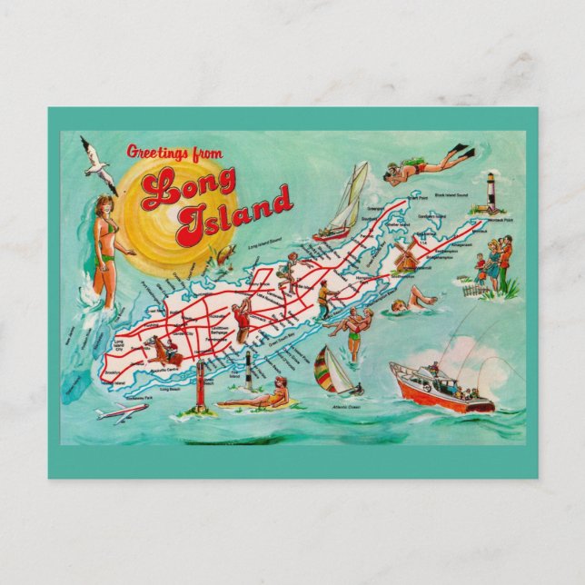 Mapa Ilustrado de Long Island en Postal (Anverso)