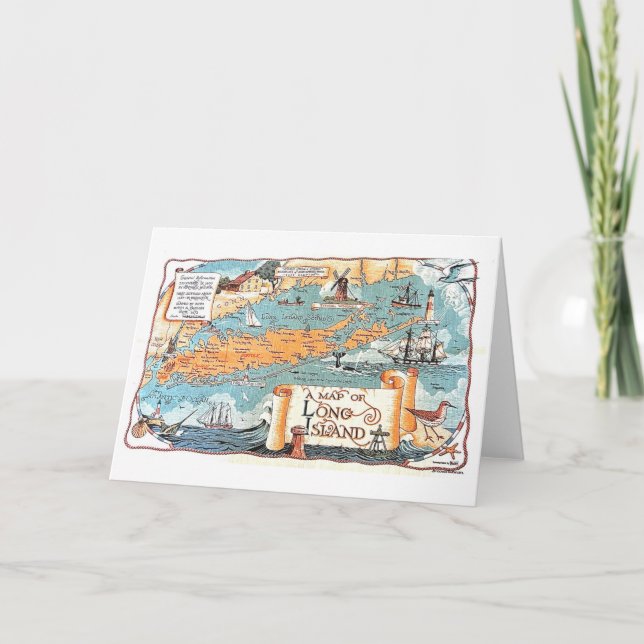 Mapa ilustrado de Long Island en tarjeta postal (Anverso)
