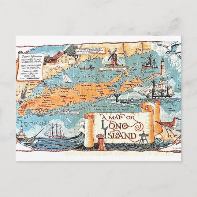 Mapa ilustrado de Long Island Tarjeta postal (Anverso)