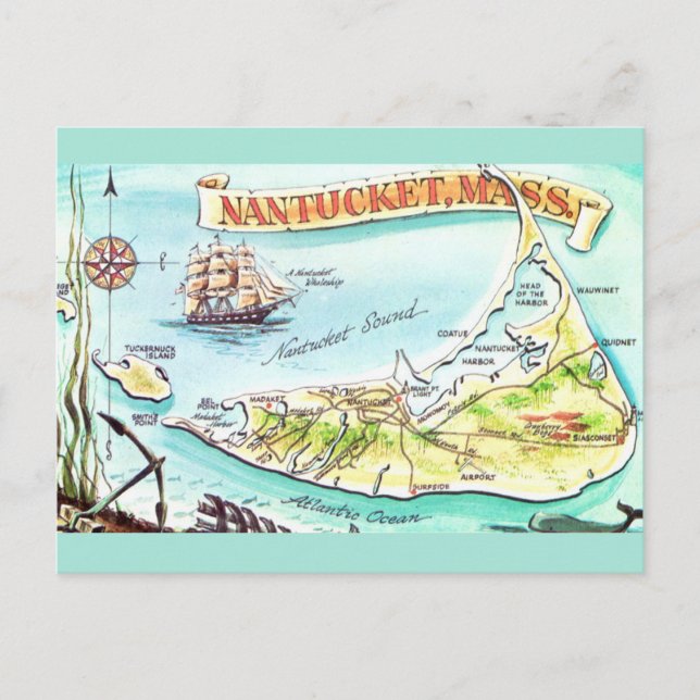 Mapa ilustrado de Nantucket MA Tarjeta postal (Anverso)