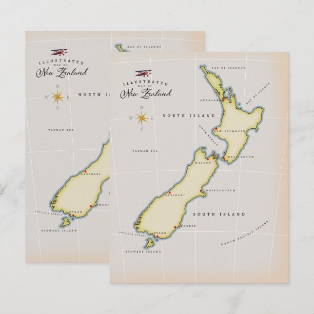 Mapa ilustrado de Nueva Zelanda (Anverso / Reverso)