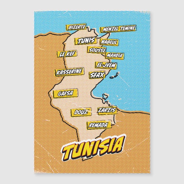 Mapa ilustrado de Túnez de Pop Art (Anverso)