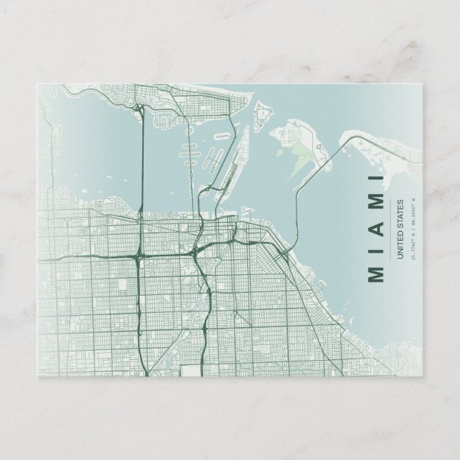 Mapa Mínimo de la Ciudad de Miami en Postal (Anverso)