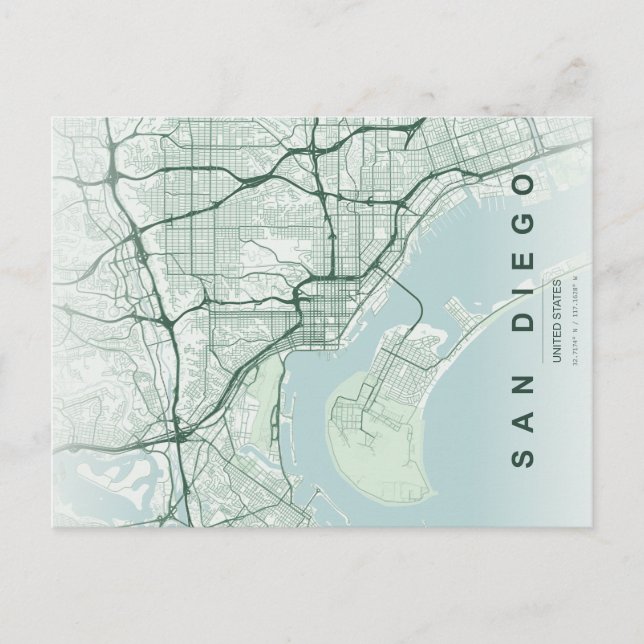 Mapa Mínimo de la Ciudad de San Diego en Postal (Anverso)