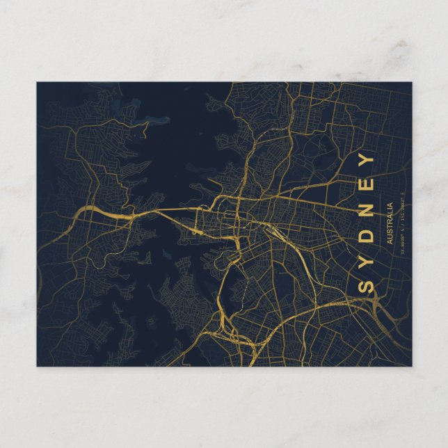 Mapa Mínimo de la Ciudad de Sydney en Postal (Anverso)