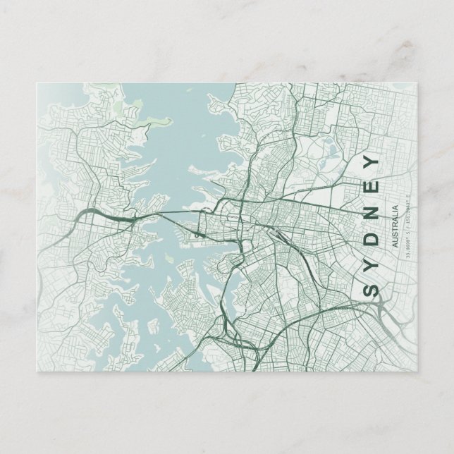 Mapa Mínimo de la Ciudad de Sydney en Postal (Anverso)