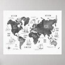 Mapa Mundial Arte Negro Blanco Náutico Infantil Gu