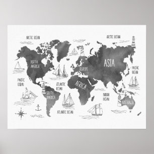 Mapa Mundial Arte Negro Blanco Náutico Infantil Gu