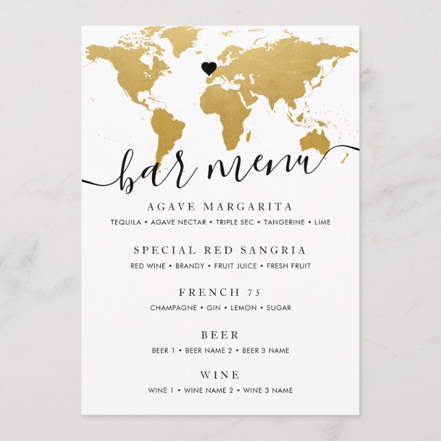 Mapa Mundial Chic Gold con Tarjeta de Menú Opciona (Anverso)