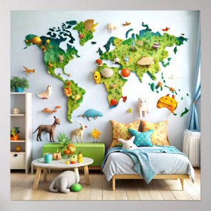 Mapa mundial de arte en pared 3D Poster para niños