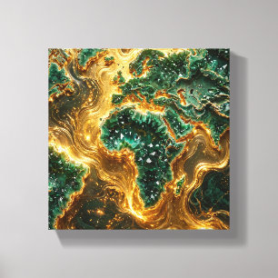 Mapa Mundial en Lienzo Verde Esmeralda y Dorado -