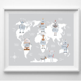 Mapa Mundial Niño Impresión, Arte Robot para Habit