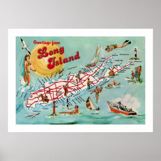 Mapa retro de Long Island 20x28 impresión (Frente)