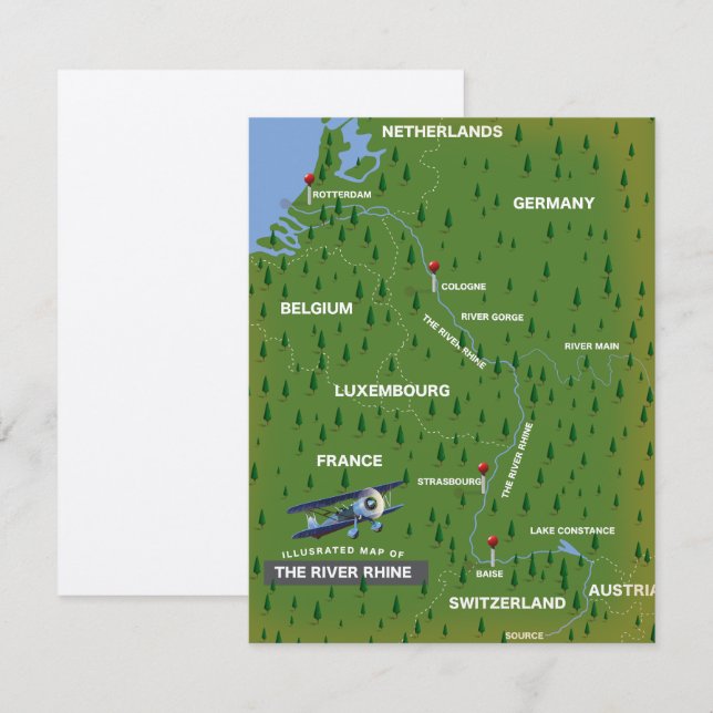 Mapa retro de viaje del río Rin. (Anverso / Reverso)