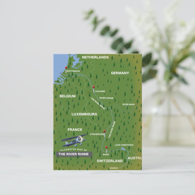 Mapa retro de viaje del río Rin. Tarjeta postal (Anverso de pie)