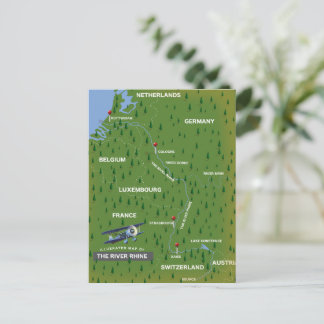 Mapa retro de viaje del río Rin. Tarjeta postal