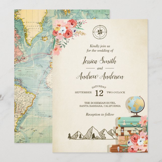 Mapa rústico Boho de la invitación de la boda del (Anverso / Reverso)