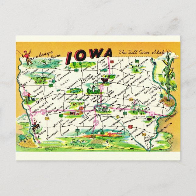 Mapa vintage de Iowa en postal (Anverso)
