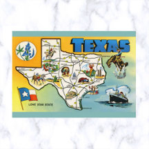 Mapa y postal de bandera de Texas vintage