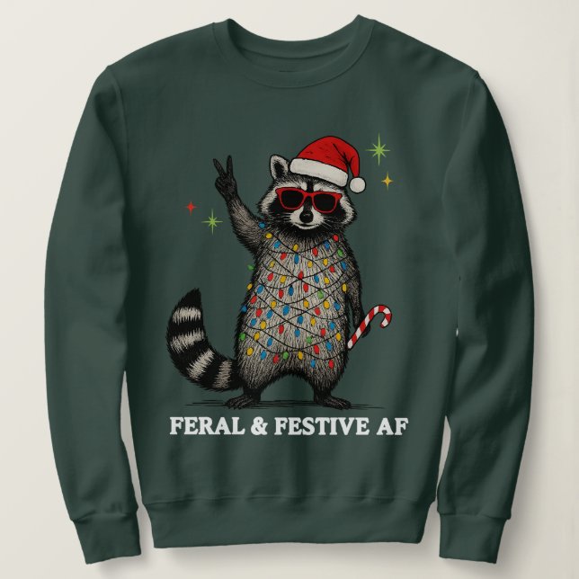 Mapache AF Salvaje y Festivo Suéter de Navidad Feo (Anverso del diseño)