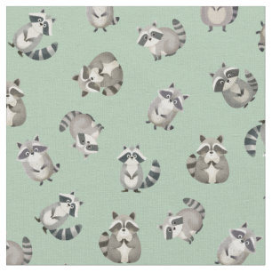 Mapaches de Acuarela Lanzados sobre Tela Verde Cla