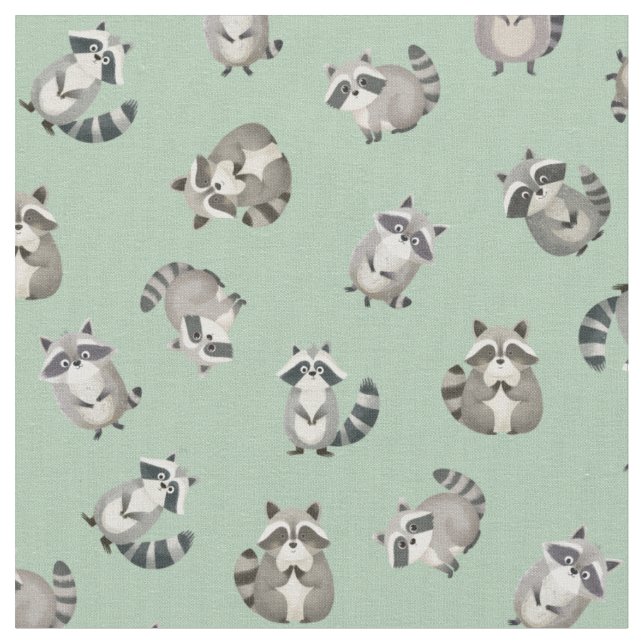 Mapaches de Acuarela Lanzados sobre Tela Verde Cla (De cerca)