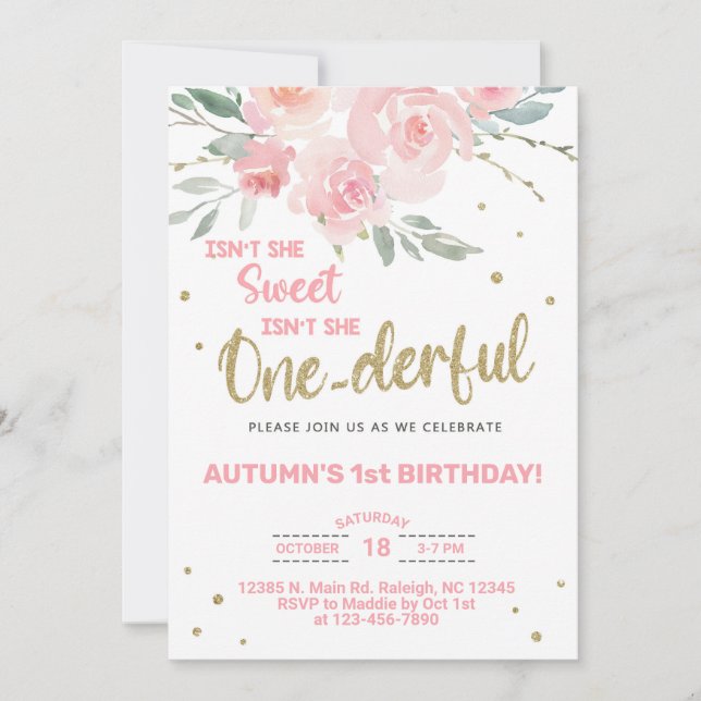 Maravillosa invitación de chica de primer cumpleañ (Anverso)