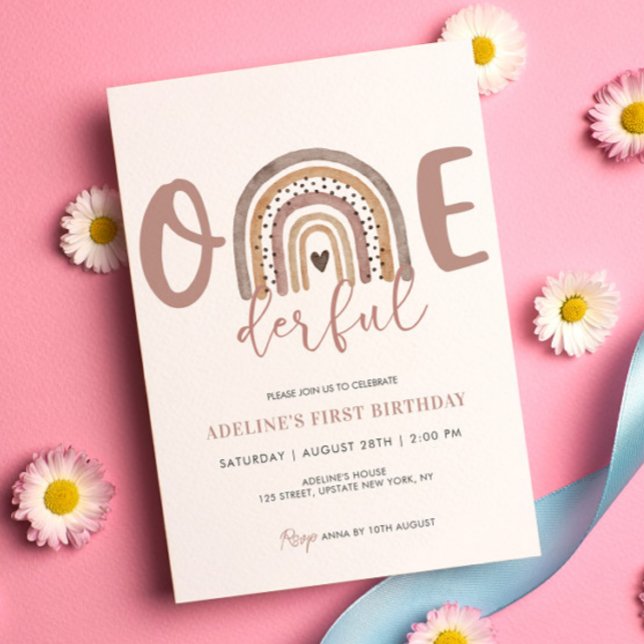 Maravillosa invitación Primer Chica Fiesta Boho (Watercolor Onederful Boho Rainbow 1st Birthday Girl Invitations Template Digital Download)