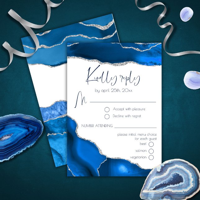 Marble Agate Royal Blue Menu Choice Wedding RSVP (Subido por el creador)