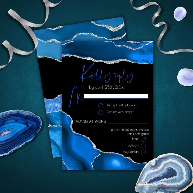 Marble Agate Royal Blue Menu Choice Wedding RSVP (Subido por el creador)