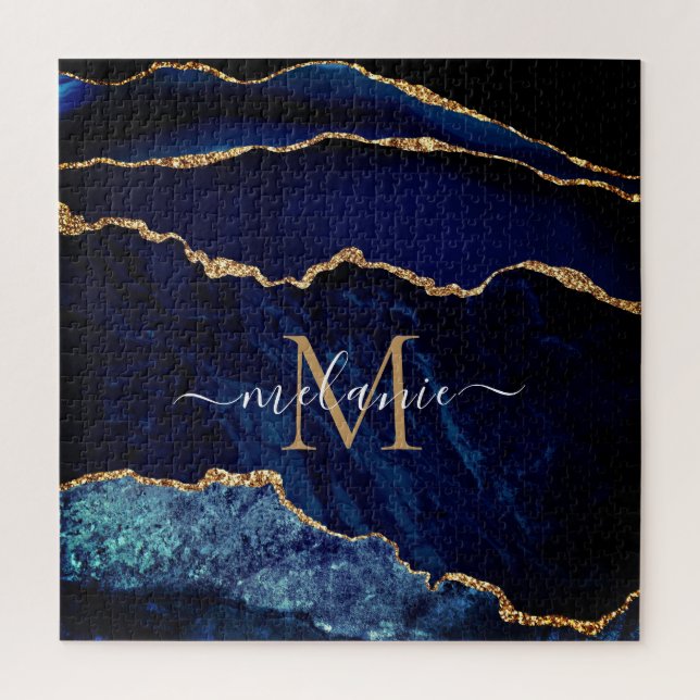 Marble azul marino Monograma nombre rompecabezas r (Vertical)