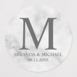 Marble Blanco Elegante Monograma Etiquetas de Favo<br><div class="desc">Diseño elegante con monograma,  nombre y fecha en el estilo de fuente serif gris sobre fondo de mármol blanco.</div>