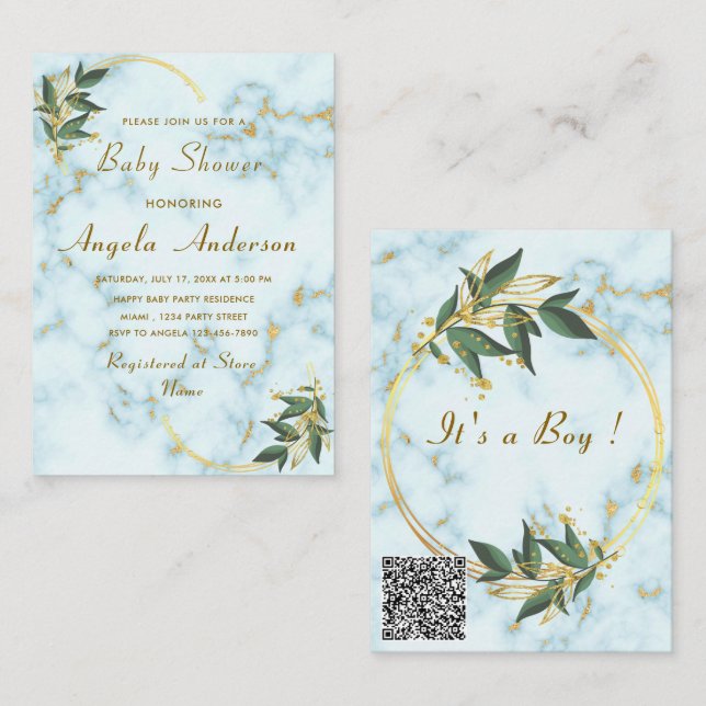 Marble de oro Código QR Bebé Niño Invitación a duc (Anverso / Reverso)