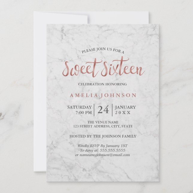 Marble Faux Rosa Gold Sweet Dieciséis Invitaciones (Anverso)