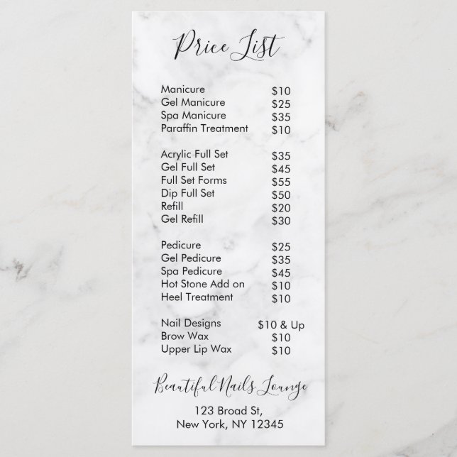 Marble Nail Salon Professional Price List Menu (Anverso)