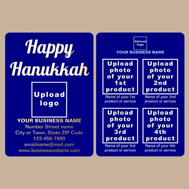 Marca comercial azul en tarjeta de vacaciones de R (Blue business brand with products or services on Hanukkah foil holiday card.)