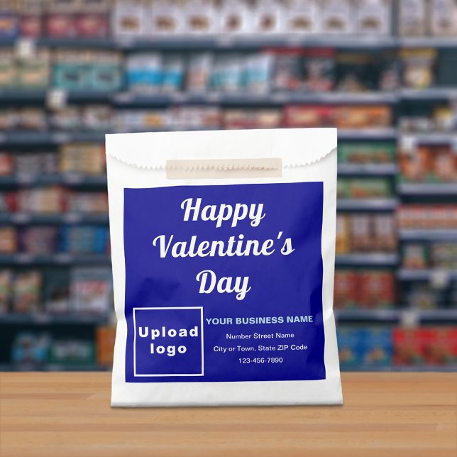Marca comercial azul; San Valentín; Bolsa de papel (Blue business brand with Valentine greeting on paper bag.)