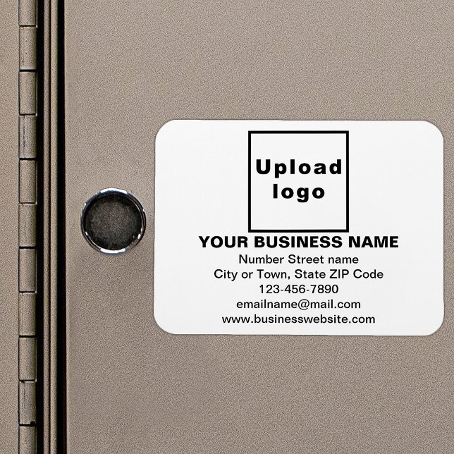 Marca comercial en imán flexible rectangular blanc (Your business brand on white rectangle flexible magnet as marketing material.)