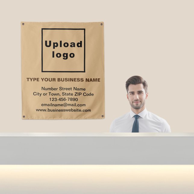 Marca comercial en tapiz marrón claro (Business brand on light brown tapestry in reception.)