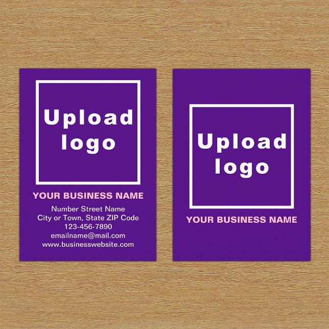 Marca comercial en tarjeta vertical púrpura pequeñ (Front and back of the purple business card with your brand)