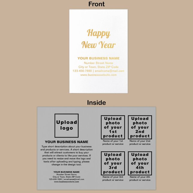 Marca comercial gris en tarjeta de Relieve metaliz (Gray business brand with products or services on New Year folded foil card.)