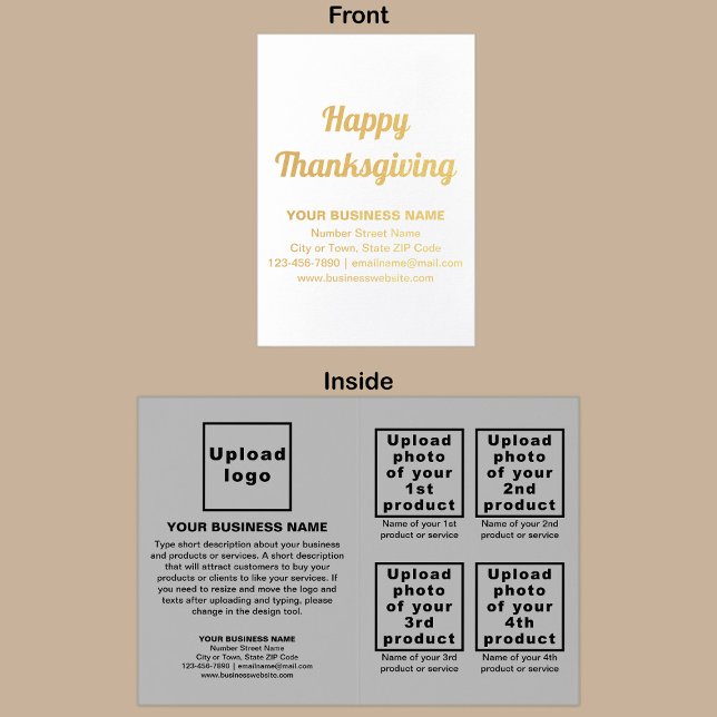 Marca comercial gris en tarjeta de Relieve metaliz (Gray business brand with products or services on Thanksgiving folded foil card.)